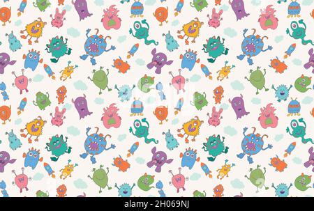 Cute character cartoon baby alien. Vector seamless pattern. Amusing baby beast. Bizarre and funny monster. Fantasy creatures.Funny colorful beast Stock Vector