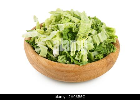 chopped savoy cabbage in wooden bowl isolated on white background with clipping path and full depth of field Stock Photo