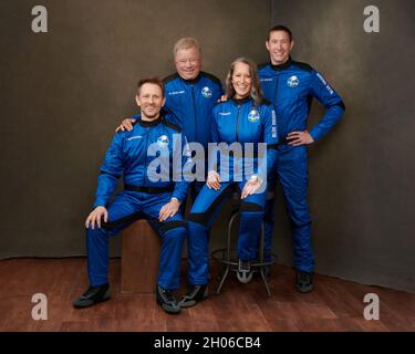 Washington, United States. 11th Oct, 2021. Actor William Shatner will fly onboard New Shepard NS-18 along with Audrey Powers, Blue Origin's Vice President of Mission & Flight Operations, and crewmates Chris Boshuizen and Glen de Vries, which is scheduled to lift off from Launch Site One in Texas on October 13, 2021. Shatner, who originated the role of 'Captain James T. Kirk' in 1966 for the television series Star Trek, has long wanted to travel to space and will become the oldest person to have flown to space. Photo by Blue Origin/UPI Credit: UPI/Alamy Live News Stock Photo