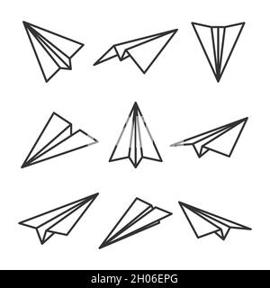 Various hand drawn paper planes. Black doodle airplanes. Aircraft icon, simple monochrome plane silhouettes. Outline, line art. Vector illustration. Stock Vector