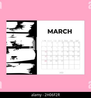 March 2022 page, Calendar 2022 template, Desk calendar, planner design, Wall calendar, week starts on sunday, stationery design, Desk office Stock Vector