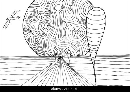 Doodle alien fantasy landscape with big craters coloring page for adults. Fantastic psychedelic graphic artwork. Vector hand drawn simple flat illustr Stock Vector