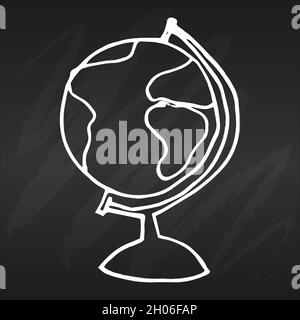 Globe hand drawn on black chalkboard Simple flat vector illustration Back to school ot travel style Stock Vector