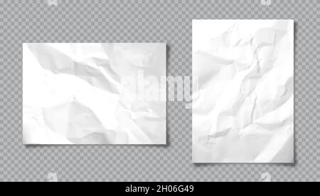 Realistic blank crumpled paper sheets in A4 size with shadow on checkered background. White notebook page. Design template, mockup. Vector Stock Vector