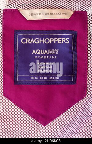 Aquadry membrane waterproof windproof breathable designed in the UK since 1965 - label on Craghoppers jacket Stock Photo