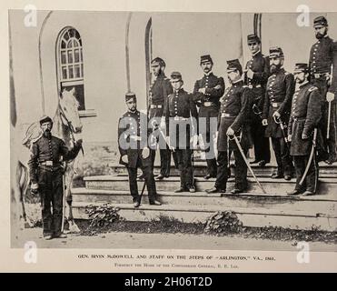 GEN. IRVIN McDOWELL AND STAFF ON THE STEPS OF “ARLINGTON,” VA., 1861 Formerly the Home of the Confederate General, R. E. Lee from The American Civil War book and Grant album : 'art immortelles' : a portfolio of half-tone reproductions from rare and costly photographs designed to perpetuate the memory of General Ulysses S. Grant, depicting scenes and incidents in connection with the Civil War Published  in Boston and New York by W. H. Allen in 1894 Stock Photo