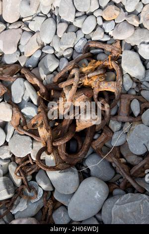 Rusty chain on bebble beach Clovelly North Devon Stock Photo