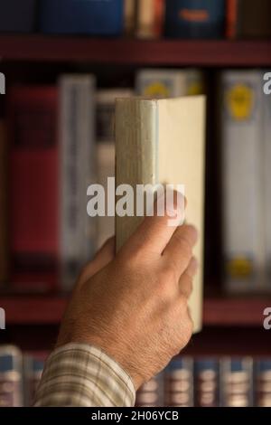 Close up of man's hand putting book on wooden shelf in library Stock Photo