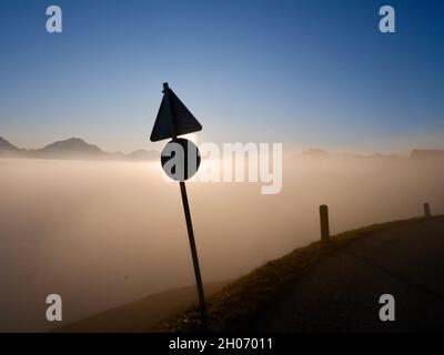 Silhouette of a signpost on a sunny misty day in late autumn. Viktorsberg, Austria. Stock Photo