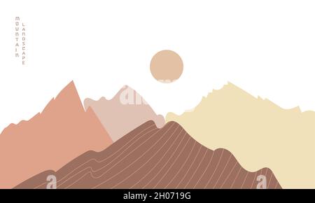 Horizontal mountain landscape poster. Geometric landscape background in asian japanese style. Stock Vector