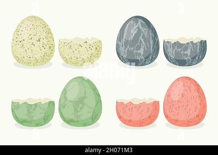 Broken and Whole Hatched Textured Egg Icon Set Isolated on White. Vector Flat Cartoon Hand Drawn Dinosaur Eggs, Kid, Childrens Illustration, Print for Stock Vector