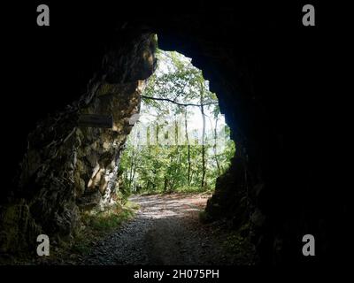 Looking through a tunnel in the Swiss mountains. Alpe Rohr, St. Gallen, Switzerland.