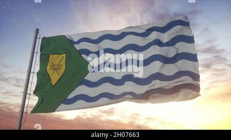Vancouver city flag waving in the wind, sky and sun background. 3d rendering Stock Photo