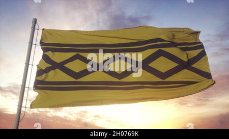 West Midland flag, England, waving in the wind, sky and sun background. 3d rendering Stock Photo