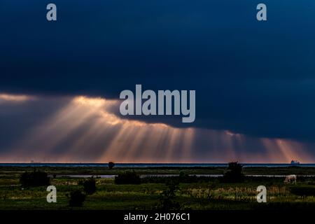 dramatic cloudy sky releases sun beams Stock Photo