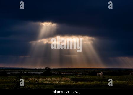 dramatic cloudy sky releases sun beams Stock Photo