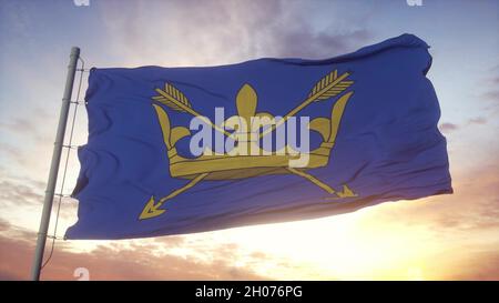 Suffolk flag, England, waving in the wind, sky and sun background. 3d rendering Stock Photo