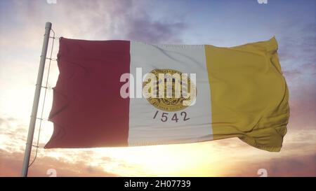 San Diego flag, California, waving in the wind, sky and sun background. 3d rendering Stock Photo