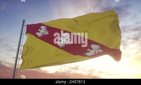 Lorraine flag, France, waving in the wind, sky and sun background. 3d rendering Stock Photo