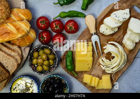 Organic, and fresh delicious traditional Turkish Cheese for  a traditional Turkish breakfast on table. Stock Photo