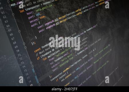 Javascript nodejs Hello World code on screen blurry background image ...