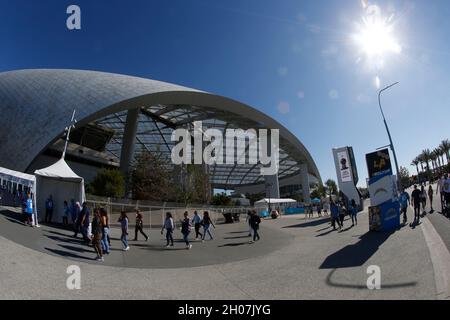 Inglewood, California, USA. 10th Oct, 2021. General view of the exterior of SoFi Stadium before the NFL game between the Los Angeles Chargers and the Cleveland Browns at SoFi Stadium in Inglewood, California. Charles Baus/CSM/Alamy Live News Stock Photo