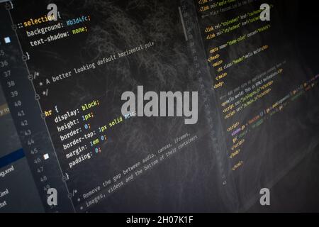 CSS Hello World code on screen Stock Photo