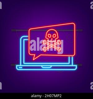 Cyber attack. Data Phishing with fishing hook, laptop, internet security. Neon icon. Vector stock illustration Stock Vector