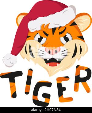 Angry tiger, symbol of New Year in red Christmas Santa hat. Wild animals of Africa, face with furious emotion, holiday decoration with orange striped lettering Stock Vector
