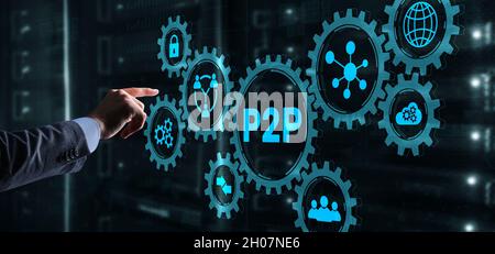 Businessman presses button p2p peer-to-peer on virtual interface. Stock Photo
