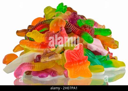 Colorful jelly gummy candies, isolated on white bAssorted tasty gummy candies. Top view. Fruit gummy candies background. Multicolored jelly candies Stock Photo