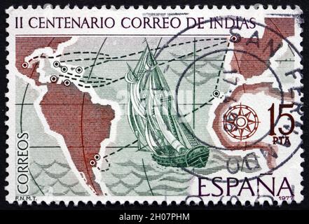 SPAIN - CIRCA 1977: a stamp printed in the Spain shows Sailing Ship and Mail Routes, 18th Century, circa 1977 Stock Photo