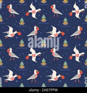 Christmas quirky seagull with gift seamless vector pattern Stock Vector