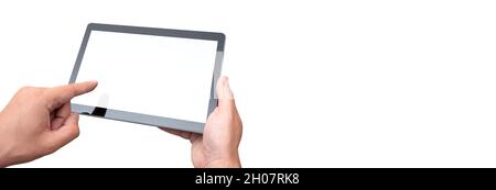 Hand holding digital tablet, placeholder for app, blank screen mockup Stock Photo