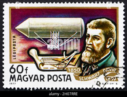 HUNGARY - CIRCA 1977: a stamp printed in Hungary shows David Schwarz, Aviation Pioneer,  and Airship, 1850, circa 1977 Stock Photo