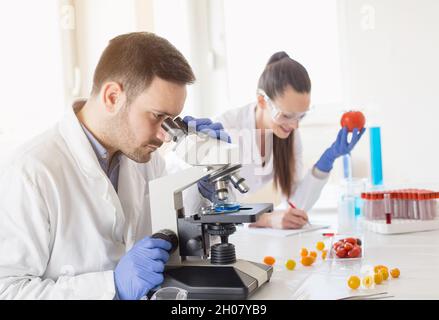 Two scientists doing  research with vegetables in lab with microscope Stock Photo