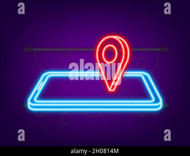 Flat neon icon. Pin smartphone. Vector illustration map. Place symbol. Delivery service. Travel concept Stock Vector