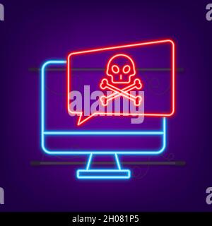 Cyber attack. Data Phishing with fishing hook, laptop, internet security. Neon icon. Vector stock illustration Stock Vector
