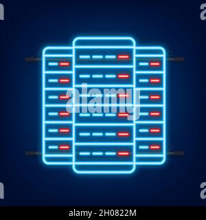 Data center. Neon icon. Mainframe service concept banner, server rack. Server room. Vector illustration Stock Vector