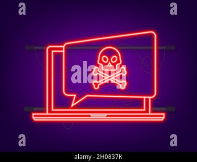 Cyber attack. Neon icon. Data Phishing with fishing hook, laptop, internet security. Vector stock illustration Stock Vector