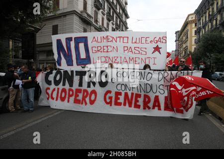 Napoli, Italy. 11th Oct, 2021. Protest of the COBAS and USB unions in Naples: protest with a march through the city streets. (Photo by Salvatore Esposito/Pacific Press) Credit: Pacific Press Media Production Corp./Alamy Live News Stock Photo