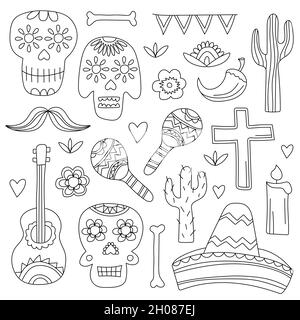 Icons of Day of the Dead, a traditional holiday in Mexico. Skulls, flowers, elements for the design. Black and white Hand drawn style Stock Vector
