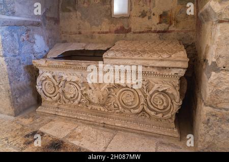 Demre, Antalya Turkey - October 03 2021: Sarcophagus in the Church of St. Nicholas the Wonderworker. Stock Photo