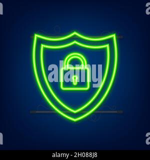 Cyber security vector logo with shield and check mark. Security shield concept. Internet security. Neon style. Vector illustration Stock Vector