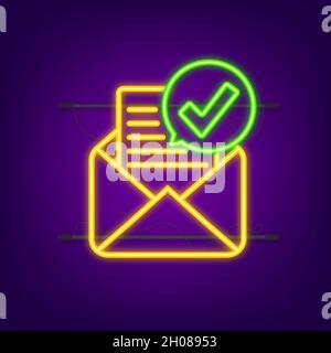 Opened envelope and document with green check mark. Neon icon. Verification email. Vector illustration Stock Vector