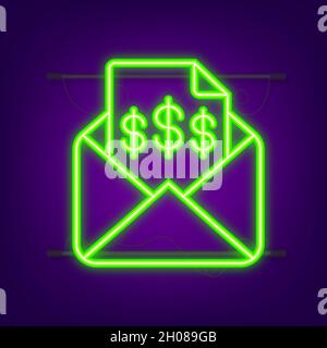 Invoice icon , email message received with bill document, flat style open envelope with invoice paper blank. Neon icon. Vector illustration Stock Vector