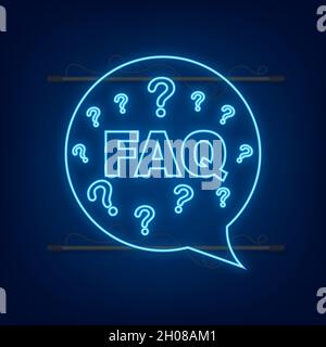 Frequently asked questions FAQ banner. Neon icon. Computer with question icons. Vector illustration Stock Vector