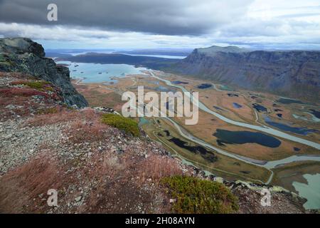 View from the top of Skierfe in Sarek after sunset in the evening, in fall Stock Photo