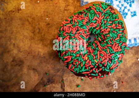 Doughnut with Sprinkles Top Down or Lay Flat View Stock Photo