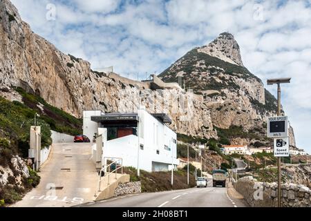 Gibraltar Crematorium on Europa Point Road with the highest point of the Rock of Gibraltar in the background. Stock Photo